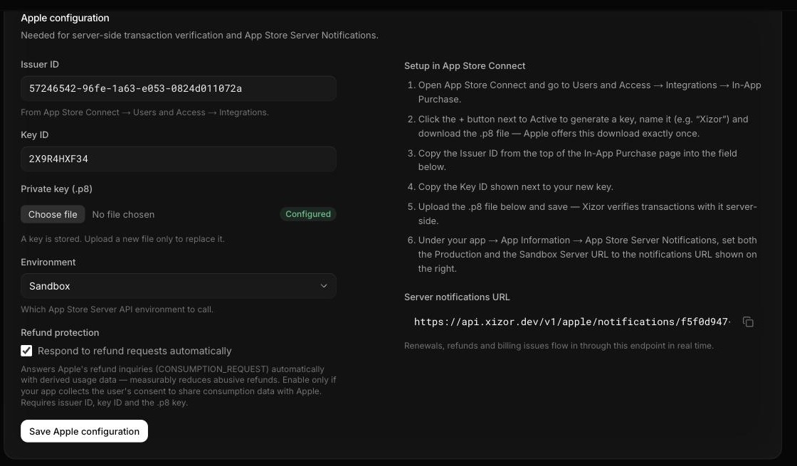 The Apple configuration section in the Xizor dashboard: Issuer ID, Key ID, .p8 upload, environment, and the notifications URL to copy