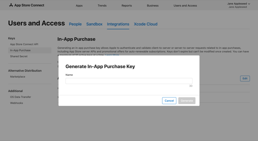 The Generate In-App Purchase Key dialog with a name field