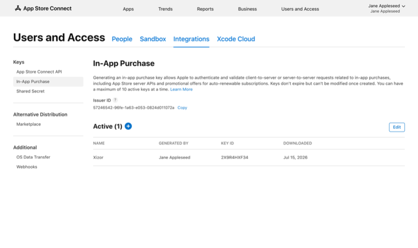 The In-App Purchase key page in App Store Connect, showing the Issuer ID and the list of active keys