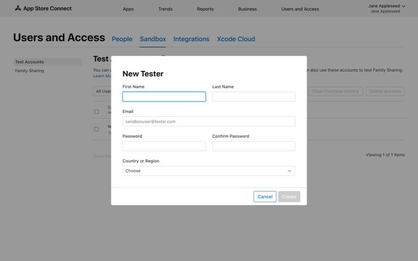 The New Tester dialog with name, email, password, and country fields