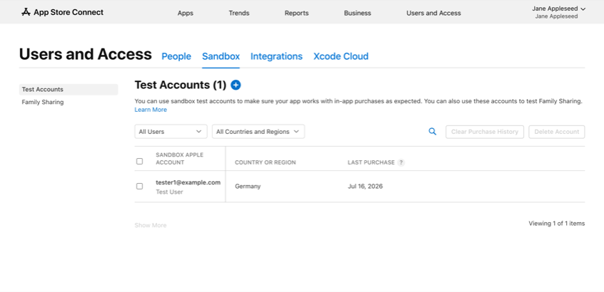The Sandbox Test Accounts page in App Store Connect