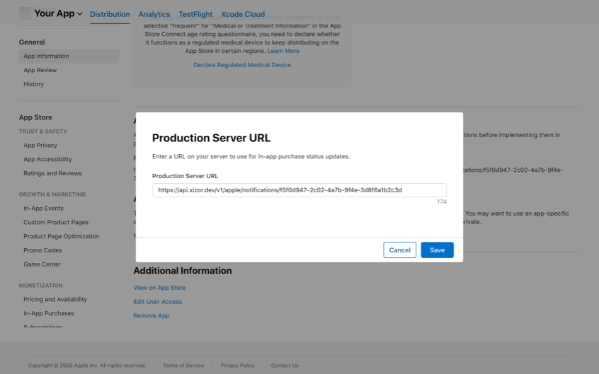The Production Server URL edit dialog