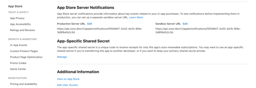 The App Store Server Notifications section of the App Information page, with Production and Sandbox Server URL fields